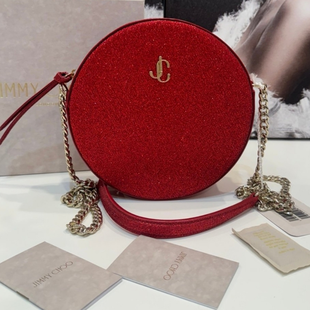 Jimmy Choo Red Glitter Round Crossbody Bag